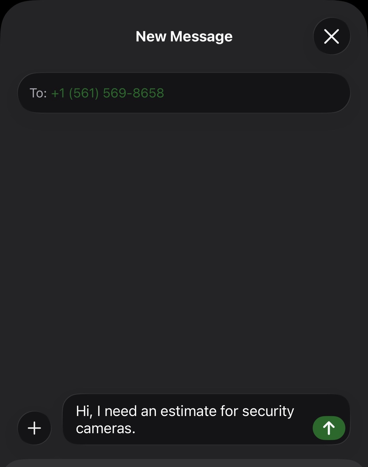 Example of an unsent customer service request addressed to +1 561-569-8658